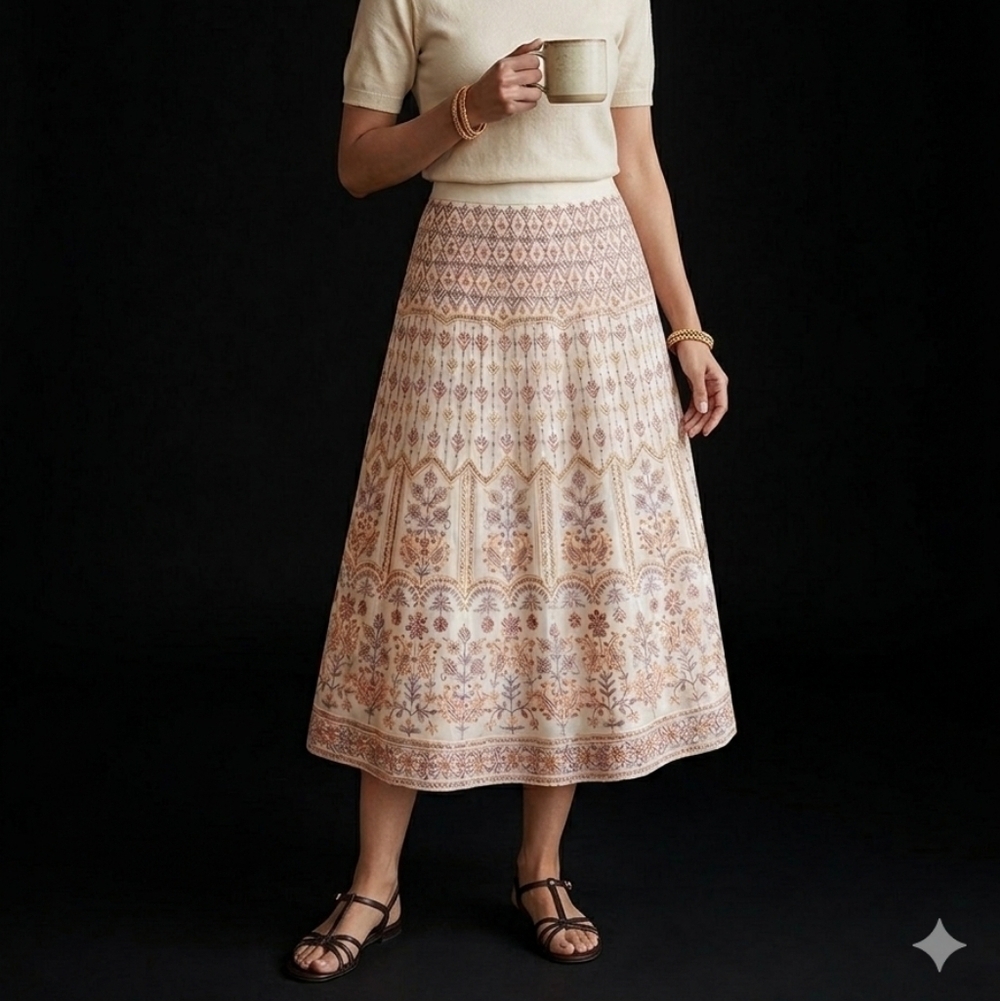 Soft Surroundings Cream and Blush Printed A-Line Skirt